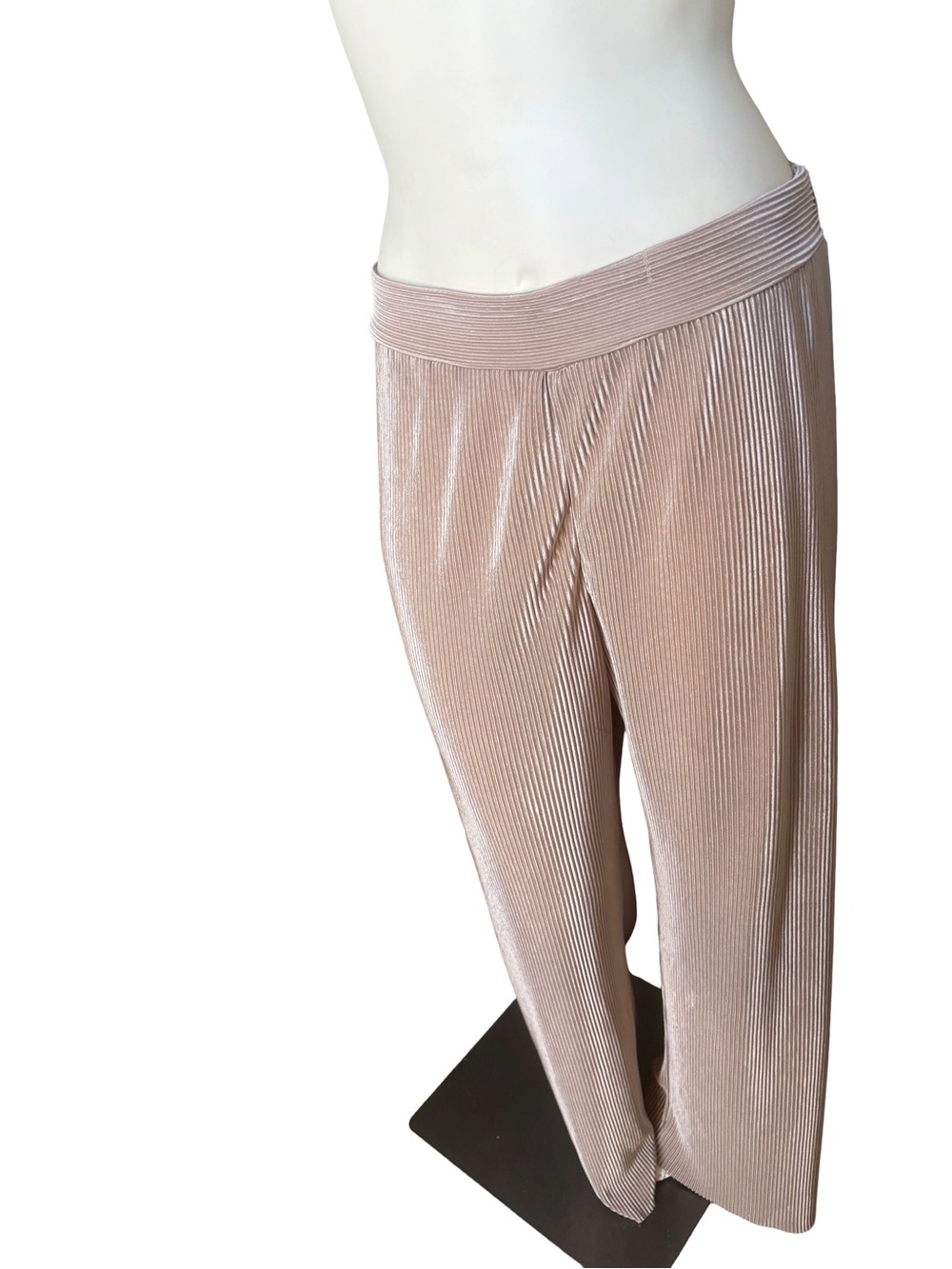 RO & DE Metallic Tan Plissé Pleated Wide Leg Pants Size L